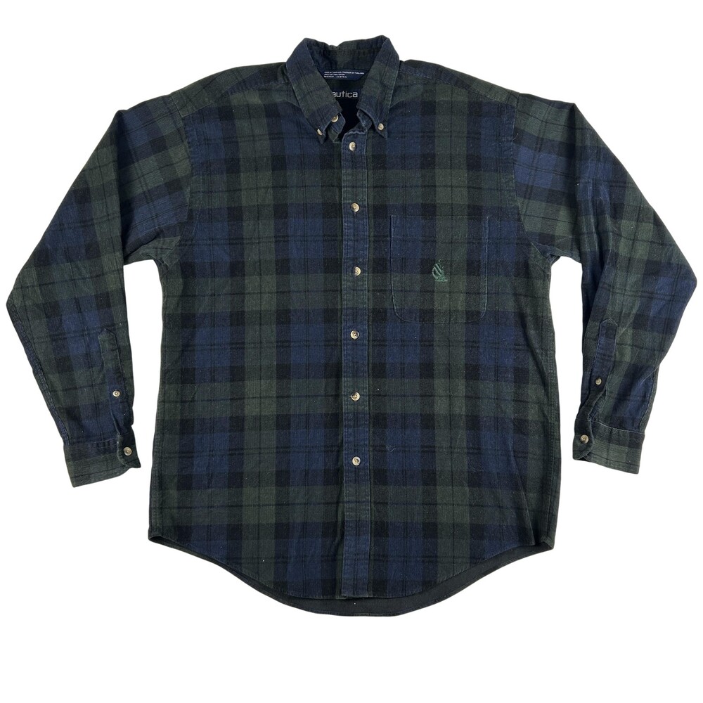 Vintage Nautica Shirt Mens Medium Plaid Corduroy Long Sleeve Button Front Casual